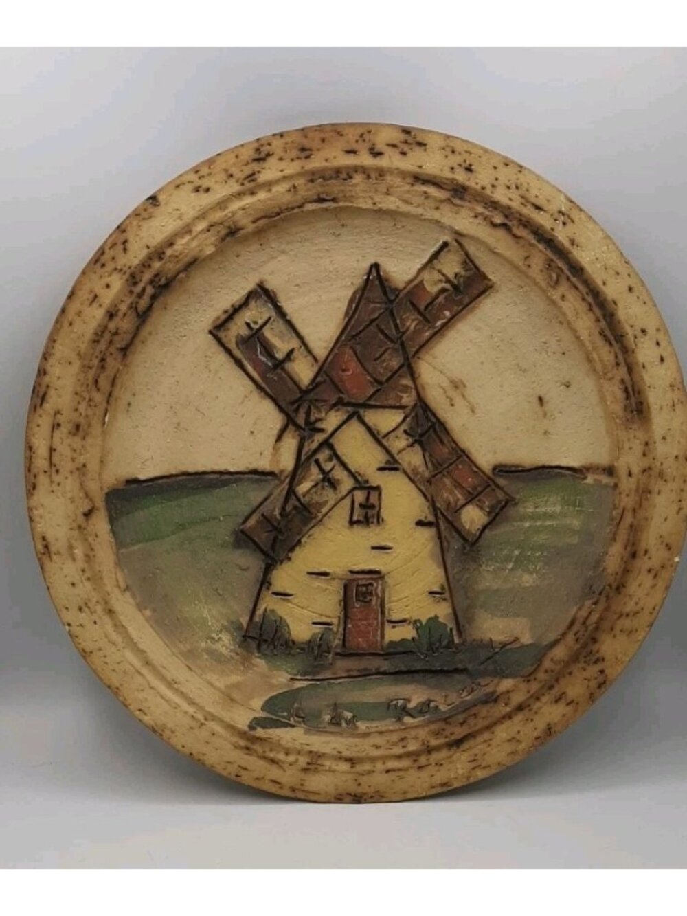 Vintage Handmade Decorative Wall Plate Windmill Signed One of a Kind 12 In